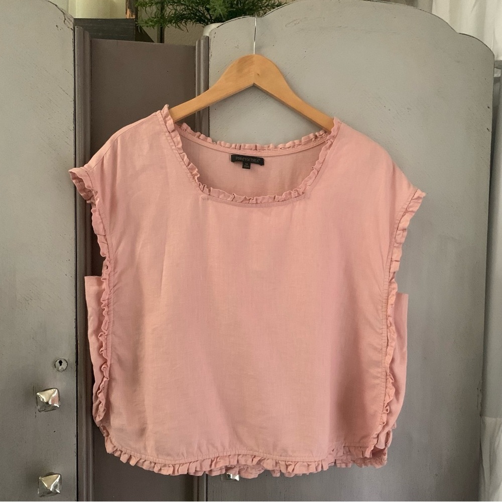 For Cynthia Linen Pink Ruffled Sleeveless Blouse